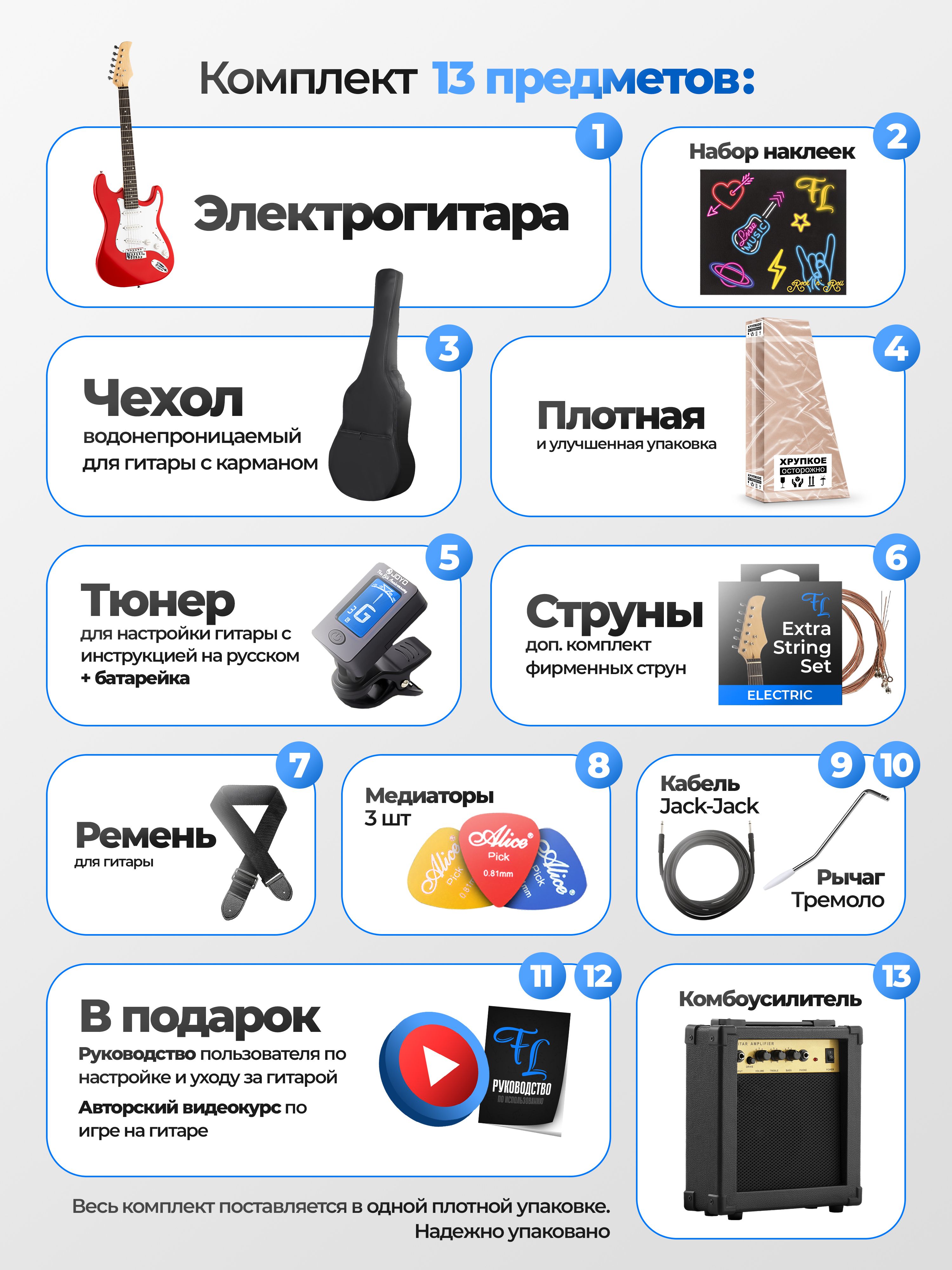 Электрогитара Stratocaster Комплект 13 предметов. Электрогитара, комбик, чехол и т.д.